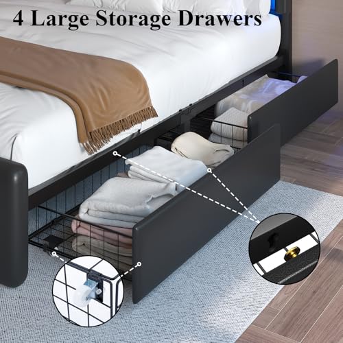 Queen Size Bed Frame with 4 Storage Drawers, Upholstered Headboard, Black | Modern Bed, Charging Station, LED Light, Adjustable Height Headboard, Noise-Free, No Box Spring Needed, Easy Assembly - color: Black, size: Queen
