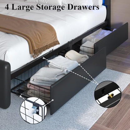 Queen Size Bed Frame with 4 Storage Drawers, Upholstered Headboard, Black | Modern Bed, Charging Station, LED Light, Adjustable Height Headboard, Noise-Free, No Box Spring Needed, Easy Assembly - color: Black, size: Queen