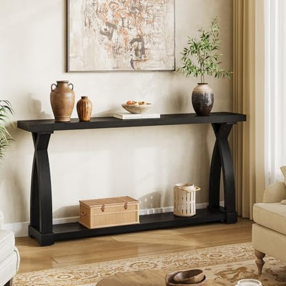 Solid Wood Console Table for Entryway, 63-Inch Narrow Farmhouse Couch Table Behind Sofa with 2-Tier Storage for Entrance, Foyer, Living Room, Long, Black (Black) - color: Black