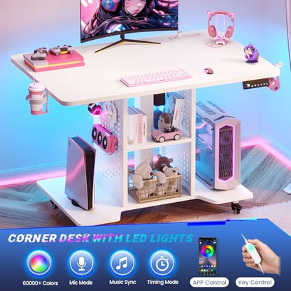 SEDETA Small Standing Gaming Desk, 31.5" Rolling Computer PC Desk Electric Height Adjustable with Power Outlet, Pegboard & Storage Shelves, RGB LED Light, for Small Spaces/Bedroom/Gaming, White - color: White