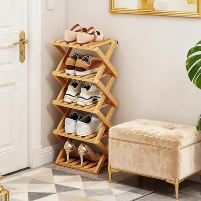 Bamboo Shoe Rack, Portable Folding Storage, No Installation, 5 Tier Stand | Free Standing, Space Saving Design, Easy To Move, Ideal For Entryway, Closet, Dorm - size: 5 Tier