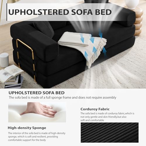 HANXIN 78 Inch Convertible Sleeper Sofa Bed, Folding Floor Mattress Couch with Fixed-Shape Frame, Futon Boneless Couch Lounge Loveseat with Pull Out Bed, No Assembly Required (Black) - color: Black, size: 78" Loveseat Sofa Bed