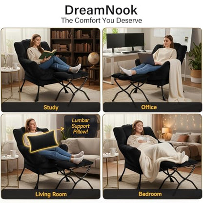Lazy Chair with Ottoman, Velvet Reading Chair with Pillow， Black | Comfy Accent Lounge Chair with Pillow & folding Foot Stool, sturdy metal frame for bedroom, dorm or apartment, Living Room - color: Pure Black