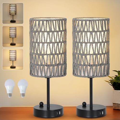 Gray Bedside Lamps Set of 2, Touch Control Night Stand Lamp for Bedroom with Rattan & Linen Shade & Bulbs, 3 Way Dimmable Small Boho Table Lamps with USB Charging Port & Phone Stand - color: Gray-2pack