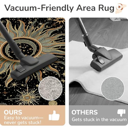 Vacuum-Friendly, 2x3 Washable Area Rug, Black Green Beige | Sun and Moon Boho Gothic Non-Slip Low Pile Living Roon Bedroom Dining Room Kitchen Entry Entryway Entrance Hallway Doormat - color: Black/Green/Beige, size: 2' x 3' (Rectangular)
