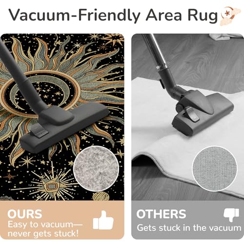 Vacuum-Friendly, 2x6 Washable Area Rug, Black Green Beige | Sun and Moon Boho Gothic Non-Slip Low Pile Living Roon Bedroom Dining Room Kitchen Entry Entryway Entrance Hallway Doormat - color: Black/Green/Beige, size: 2' x 6' (Runner)
