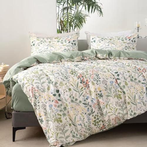 MKXI Twin Size Wildflower Duvet Cover Set Sage Green Spring Floral Bedding Rustic Cabin Duvet Comforter Cover Green and White Botanical Duver Cover Dormitory Bedroom Collection - color: 001 Green Garden, size: Twin