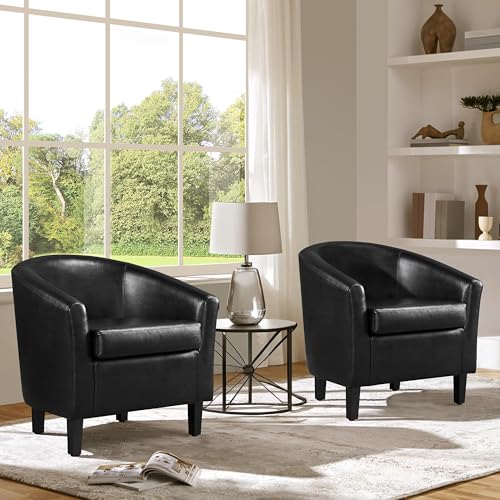Yaheetech Accent Chairs Set of 2, Faux Leather Barrel Armchairs Black | Water-resistant Faux Leather Chairs with High-density Foam and Solid Wood Legs for Living Room, Waiting Room, Small Space - color: Black(faux Leather), style: without Ottoman