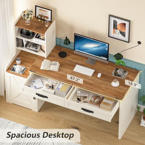 60" Computer Desk with Drawers & Bookshelves for Bedroom, Home Office | White Computer Desk with Bookcase & Drawers, Vanity Desk Writing Study Table with Storage, Antique White - color: Antique White