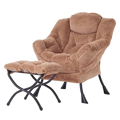 Modern Large Accent Lounge Chair with Ottoman, Leisure Sofa Armchair with Footrest, Reading Chair for Bedroom, Living Room, Dorm Rooms, Garden and Courtyard - color: Plush-brown