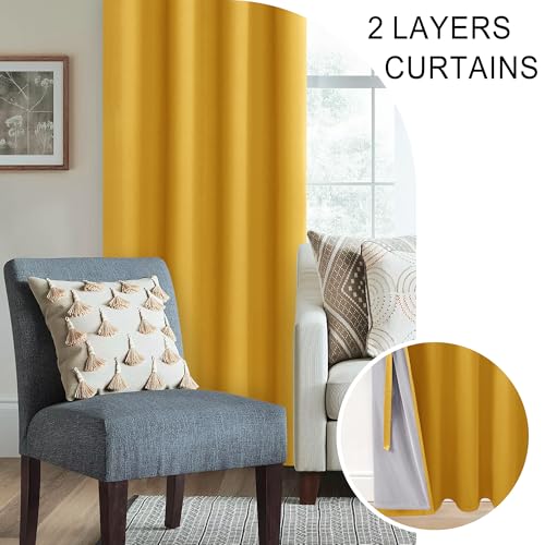 XWZO 100% Blackout Curtains 45 Inches Long with Tiebacks- Soundproof & Energy Efficiency Window Draperies Grommet Top with Black Liner for Bedroom/Living Room, Yellow, W38 x L45, Set of 2 - color: Yellow, size: 38"W x 45"L (Pack of 2)