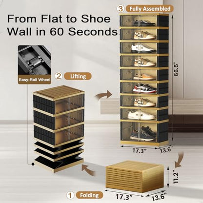 SYNCVIBE Foldable Shoe Rack, 9-Tier, 18 Pairs, 17.3" Wide, Black Gold | Foldable Shoe Organizer, Collapsible Shoe Cabinet with Doors, Stackable Shoe Shelves for Closet, Entryway and Living Room - size: 9 Tiers -18 Pairs Black Gold