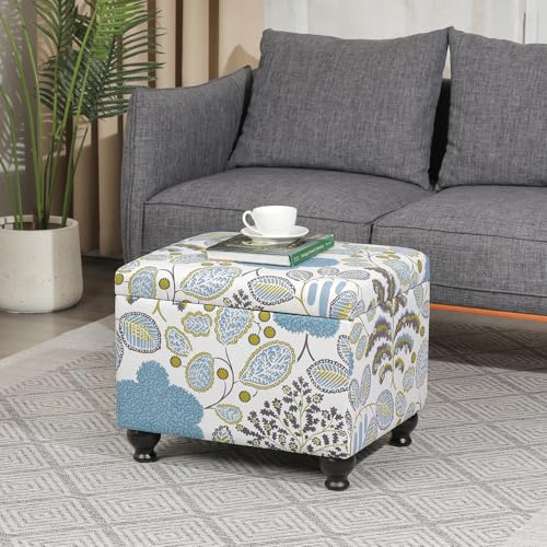 Adeco Colorful Storage Ottoman with Storage, 21" Linen Fabric Ottoman Foot Rest Stool with Hinged Lid with Blue Leaf Pattern, 360 LB Load Capacity, Living Room, Bedroom, Entryway - color: Blue Leaf Pattern