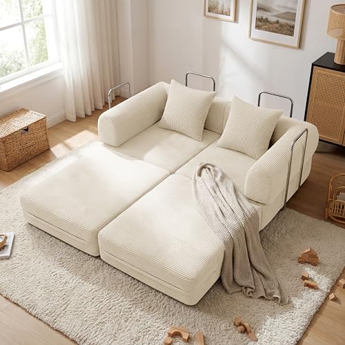 Convertible Compressed Corduroy Folding Cloud Sofa Bed, 59'' Modern Boneless Pull Out Loveseat Sleeper in a Box, 5 in 1 Floor Mattress Futon Fluffy Couch, No Assembly Needed, Beige, 2 Pillows, Queen - color: Bg, size: 59.0''