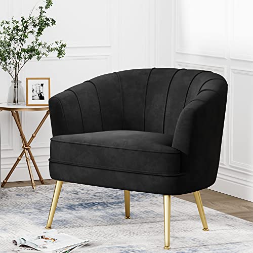 Velvet Accent Chair, Barrel Armchair, Black | Velvet Upholstery, Golden Metal Legs, Comfy Barrel Back, Modern Style, Living Room Bedroom Office - color: Black, size: 1 Chair