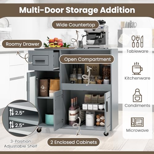 Giantex Kitchen Island Cart with Storage, Rolling Island Table with Drawer, Glass Door, Adjustable Shelf, Bar Coffee Microwave Cart On Wheels for Dining Room, Grey