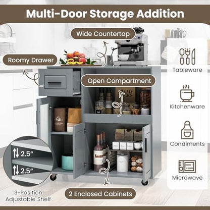 Giantex Kitchen Island Cart with Storage, Rolling Island Table with Drawer, Glass Door, Adjustable Shelf, Bar Coffee Microwave Cart On Wheels for Dining Room, Grey