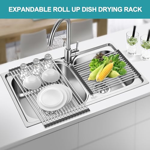 Extra Large Expandable Roll Up Dish Drying Rack,Over The Sink Drying Rack Sink Cover Kitchen Sink Accessories Kitchen Rolling up Stainless Steel Drainer, Foldable,Rollable（Black，22.8''-12.4''） - color: Black