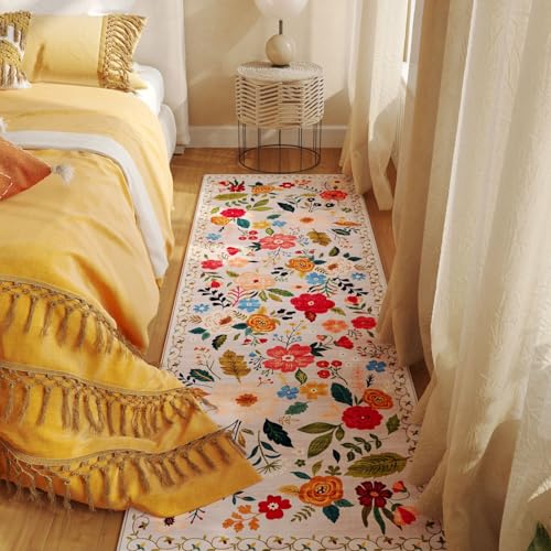Rugcomf 2x5 Rug Runner - Floral Machine Washable Kitchen Rug, Non-Slip Low Pile Boho Carpet for Hallways, Laundry, Entryway, Bedroom, Bathroom - Beige - color: Beige, size: 2' x 5' (Rectangular)