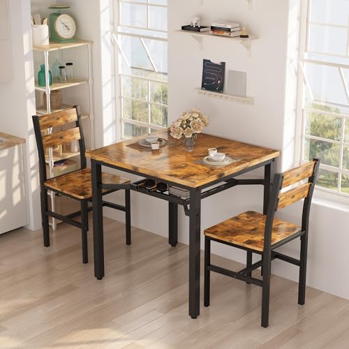 Hooseng 3 Piece Dining Table Set for 2, Small Wooden Kitchen Table with Storage, Farmhouse Square Dinette Set for Dining Room, Breakfast Nook, Apartment, Small Space - color: Brown