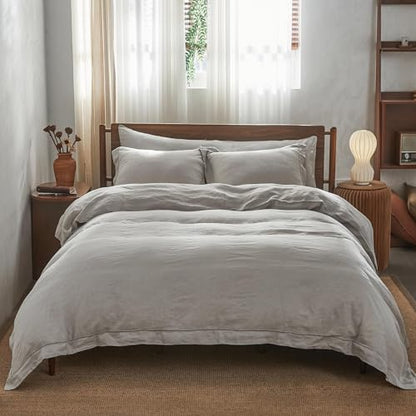 Simple&Opulence 100% Washed Linen Duvet Cover Set with Embroidered,3 Pieces Soft Farmhouse Comforter Set with Button Closure,1 Duvet Cover and 2 Pillowshams(Full,Grey) - color: Embroidery Grey, size: Full