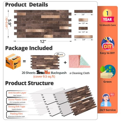 StyloVue 20 Sheets Peel and Stick Backsplash for Kitchen, Dark Brown with Metal Gold Look Stick on Tile Upgrade Your Kitchen Backsplash, RV, Fireplace - color: Dark Brown With Metal Gold