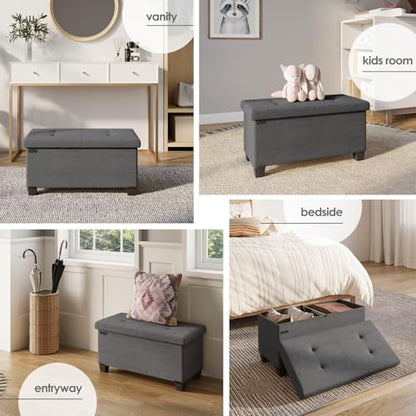 Storage Ottoman Bench with Bins, 30-in Storage Bench for Bedroom End of Bed, Folding Foot Rest Ottoman for Living Room Max 660lbs, Fabric Ottomans, Grey