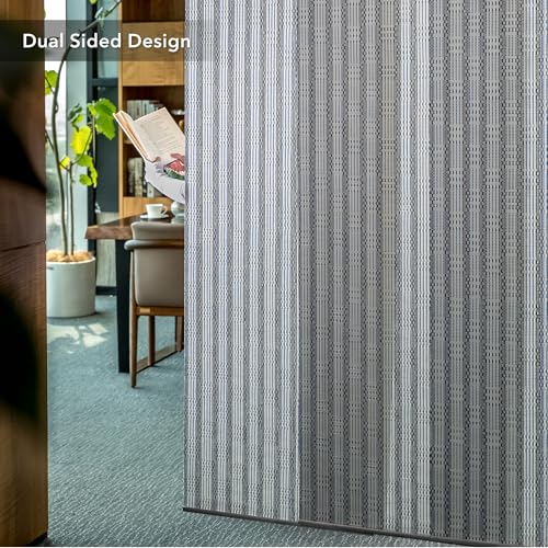 Deluxe Sliding Vertical Blinds,White Trendy Door Blinds, Blue Panel Track Blinds, Patio Room Dividers, 45.8"- 86" W x 96" H, Extendable Track, Designer Pattern Woven Panels, Mykonos - color: Mykonos