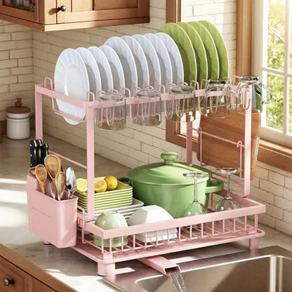 Multifunctional Dish Drying Rack - Rustproof, 2-Tier Dish Racks with Drainboard, Space-Saving Design, Utensil & Cup Holder for Kitchen Counter, Pink - color: Pink