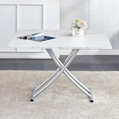 Adjustable Height Coffee Table, Folding Dining Table, White&Sliver | Convertible lift top table for use as a coffee table, dining table, home office desk or vanity - color: White & Sliver Legs
