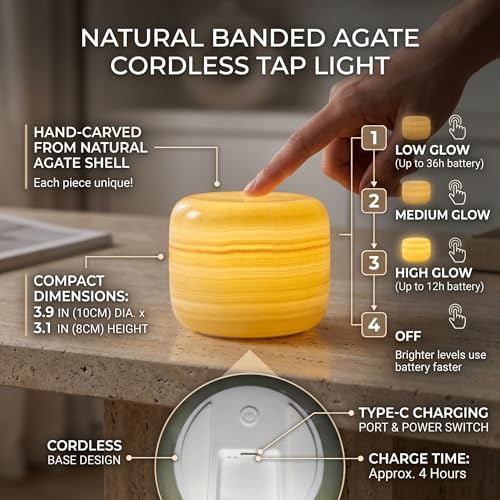 Natural Marble Lamp, Cordless Rechargeable Marble Tap Light, 3-Way Dimmable Ambient Stone Glow Lamp, Portable Zen Decor Gift for Bedroom Desk Shelf (Granite with a Jade-Like Texture)