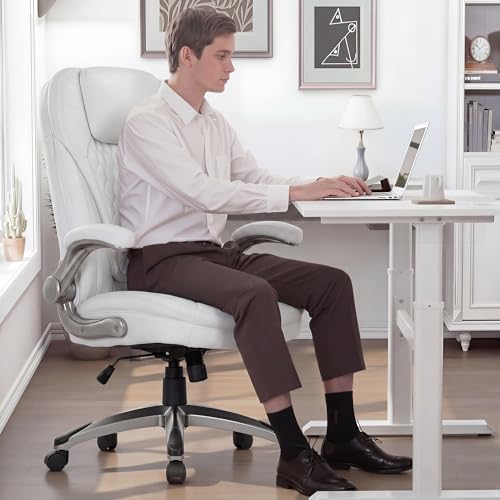 COLAMY Executive Office Chair-Ergonomic Computer Desk Chair, High Back Leather Chair with Padded Flip-up Arms, Swivel Home Office Chair Upgraded Caster, White - color: White, size: set of 1