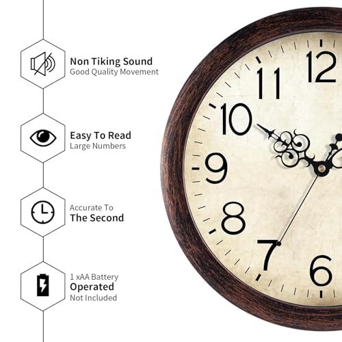 KECYET Wall Clock 14" Vintage Battery Operated Non-Ticking Quartz (Bronze) | Kitchen Clock Living Room Retro Rustic Kitchen Bathroom Home Office Bronze - size: 14 Inch