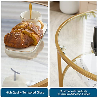 VINGLI 30" Glass Coffee Table, Round Coffee Tables Living Room, Matte Gold | 2-Tier Clear Coffee Table with Storage, Circle Side Table Metal Frame, Modern Center Table Mesa de Centro para Sala - color: Clear-matte Gold, size: 30.7"