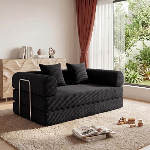 59" Boneless Couch,4-in-1 Futon Sofa Bed Modular Loveseat Sleeper Folding Compressed Couch with Pillows,No Assembly Required Convertible Sofa Bed for Living Room Bedroom Guest Room,Black - color: Black, size: 59.06" Loveseat Sofa