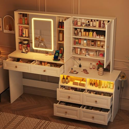 Vabches 58.6" Large Vanity Desk with Sliding Mirror & Lights, White | Makeup Vanity Table & Nightstand Combo with Power Outlet and 6 Drawers 15 Shelves with Light Strips for Bedroom