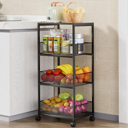 HapiRm Fruit Basket Kitchen Cart - 4-Tier Rolling Storage Cart with Wheels, Fruit Vegetable Basket with Wood Top, Pantry Utility Kitchen Organizer for Fruit Potato Onion Vegetable Bread Snack - color: Grey