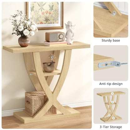 FAVOOSTY 39.4" Entryway Table, 3 Tier Hallway Table, Console Tables for Living Room, Narrow Entrance Table with Storage, Sofa Table Behind Counch, Accent Table for Entry Foyer, Natural Brown - color: Natural Brown