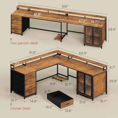 SEDETA L Shaped Gaming Desk with 4 Drawers, 109” Computer Desk with Display Cabinet, Home Office Desks with 2 Monitor Stands, CPU Stand, LED Lights and Power Outlet, Rustic Brown - color: Rustic Brown