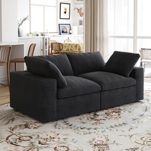 79" Cloud Modular Sofa, Convertible Modular Loveseat Couch, Cotton Linen Fabric Sofa for Living Room, Apartment and Bedroom, Removable Covers, 2 Pillows, Black - color: Black, size: 2-Seater