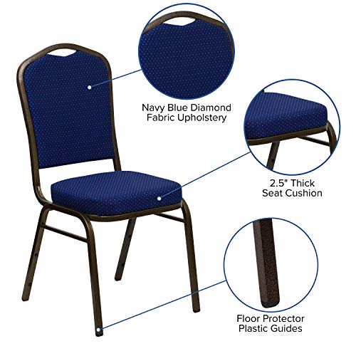 Flash Furniture Hercules Fabric Crown Back Banquet Chair, Navy Blue, 4-Pack | Stackable, Gold Vein Frame, Fabric Upholstery - color: Navy Blue Patterned Fabric/Gold Vein Frame, size: Set of 4
