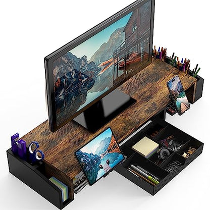 Simple Houseware Desk Dual Monitor Stand Riser with Drawer, Rustic Brown | Customizable Organizer Tray, Built-In Phone & Tablet Slot and Side Storage - color: Rustic Brown