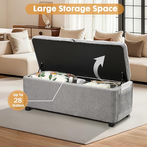 Gray Ottoman with Storage, 45 Inch End of Bed Bench with Pocket | 330 Lbs Capacity, Safety Hinge,Linen-Like Chenille Fabric, Hidden Storage Bench for Entryway, Living Room, Bedroom Footrest - color: Chenille-gray