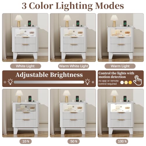 Baoz White Fluted Nightstand with Charging Station & 2 Drawers for Bedroom | 20" Wide Mid Century Modern Bedside Table Wood Faux Marble Top Curved Profile Design 27in Tall LED Night Stand - color: White, size: 2 Drawers