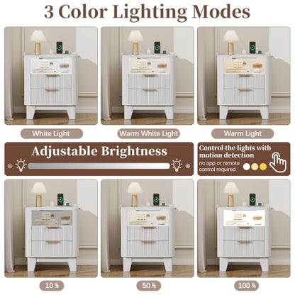 Baoz White Fluted Nightstand with Charging Station & 2 Drawers for Bedroom | 20" Wide Mid Century Modern Bedside Table Wood Faux Marble Top Curved Profile Design 27in Tall LED Night Stand - color: White, size: 2 Drawers