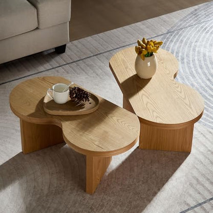 Nesting Coffee Table Set of 2 for Living Room, Couch/Bedroom Side, Butterfly Shaped Unique Cute, 31.49" Wood Irregular Fun Center Table for Small Space - Oak - color: 31.5"&31.5"-oak