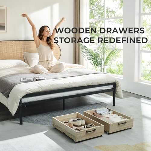 2-Pack Under Bed Storage Drawers Organizer with Wheels, Oak | 58L total capacity, 80 lb per Drawer, Fits 6 in Bed Clearance, Rolling Drawers for Shoes, Clothes, Linens, Toys - color: Oak