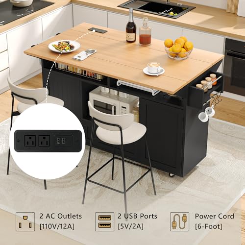 Einhomn 65" Kitchen Island with Drop Leaf, Mobile Island Table for Kitchen with Trash Can Storage, Black - style: Black