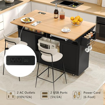 Einhomn 65" Kitchen Island with Drop Leaf, Mobile Island Table for Kitchen with Trash Can Storage, Black - style: Black