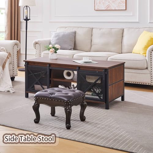 Foot Stools Ottoman, Leather Footstool for Living Room, Solid Wooden Small Vintage Ottoman Foot Rest,Shoe Change Bench （Black Brown） - color: Black Brown